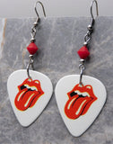 Rolling Stones Emblem White Guitar Pick Earrings with Opaque Red Swarovski Crystals