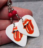 Rolling Stones Emblem White Guitar Pick Earrings with Opaque Red Swarovski Crystals