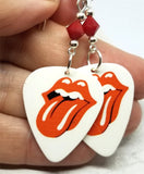 Rolling Stones Emblem White Guitar Pick Earrings with Opaque Red Swarovski Crystals