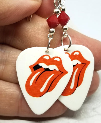 Rolling Stones Emblem White Guitar Pick Earrings with Opaque Red Swarovski Crystals