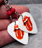 Rolling Stones Emblem White Guitar Pick Earrings with Opaque Red Swarovski Crystals