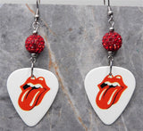 The Rolling Stones Emblem White Guitar Pick Earrings with Red Pave Bead Dangles