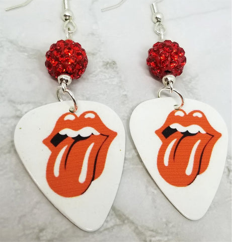 The Rolling Stones Emblem White Guitar Pick Earrings with Red Pave Beads