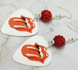 The Rolling Stones Emblem White Guitar Pick Earrings with Red Pave Beads