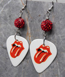 The Rolling Stones Emblem White Guitar Pick Earrings with Red Pave Bead Dangles