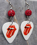 The Rolling Stones Emblem White Guitar Pick Earrings with Red Pave Bead Dangles