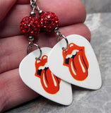 The Rolling Stones Emblem White Guitar Pick Earrings with Red Pave Bead Dangles