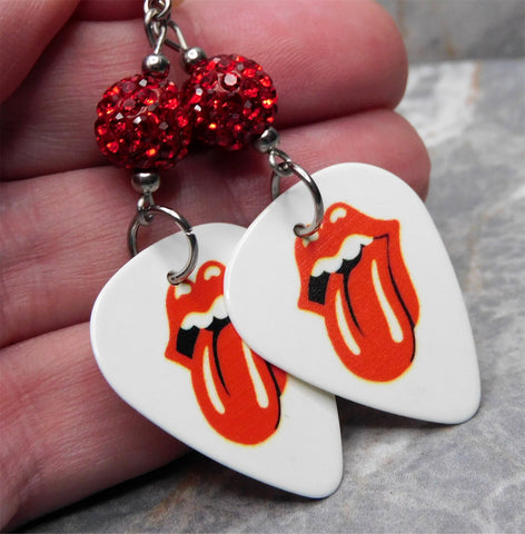The Rolling Stones Emblem White Guitar Pick Earrings with Red Pave Bead Dangles