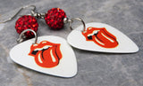 The Rolling Stones Emblem White Guitar Pick Earrings with Red Pave Bead Dangles