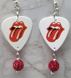 The Rolling Stones Emblem White Guitar Pick Earrings with Red Pave Bead Dangles