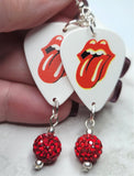 The Rolling Stones Emblem White Guitar Pick Earrings with Red Pave Bead Dangles