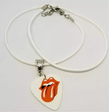 Rolling Stones Emblem White Guitar Pick on White Rolled Cord Necklace