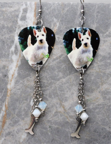 Scottie Scotty Scottish Terrier Guitar Pick Earrings with Stainless Steel Bone Charm and Swarovski Crystal Dangles