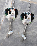 Scottie Scotty Scottish Terrier Guitar Pick Earrings with Stainless Steel Bone Charm and Swarovski Crystal Dangles