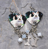 Scottie Scotty Scottish Terrier Guitar Pick Earrings with Stainless Steel Bone Charm and Swarovski Crystal Dangles