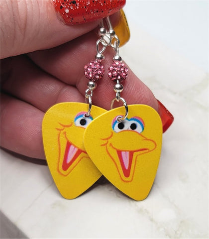Sesame Street Big Bird Guitar Pick Earrings with Pink Pave Beads