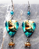 Great White Shark Guitar Pick Earrings with Teal AB and Golden Swarovski Crystal Dangles