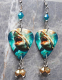 Great White Shark Guitar Pick Earrings with Teal AB and Golden Swarovski Crystal Dangles