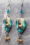 Great White Shark Guitar Pick Earrings with Teal AB and Golden Swarovski Crystal Dangles