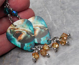 Great White Shark Guitar Pick Earrings with Teal AB and Golden Swarovski Crystal Dangles