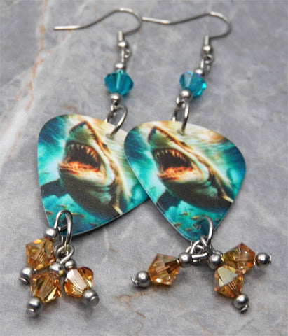 Great White Shark Guitar Pick Earrings with Teal AB and Golden Swarovski Crystal Dangles