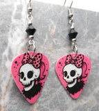 Skull with a Bow Guitar Pick Earrings with Black Swarovski Crystals