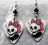 Skull with a Pink with Black Polka Dots Bow Guitar Pick Earrings with Black Swarovski Crystals