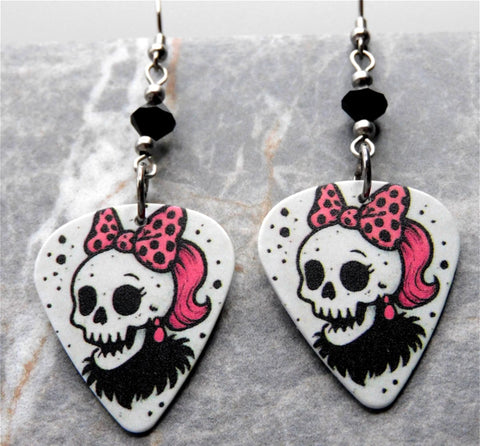 Skull with a Pink with Black Polka Dots Bow Guitar Pick Earrings with Black Swarovski Crystals