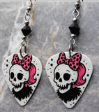 Skull with a Pink with Black Polka Dots Bow Guitar Pick Earrings with Black Swarovski Crystals