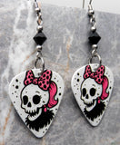 Skull with a Pink with Black Polka Dots Bow Guitar Pick Earrings with Black Swarovski Crystals
