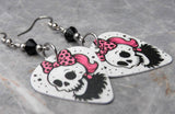 Skull with a Pink with Black Polka Dots Bow Guitar Pick Earrings with Black Swarovski Crystals
