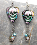Graffiti Style Skull Guitar Pick Earrings with Stainless Steel Skull and Swarovski Crystal Dangles