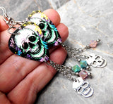 Graffiti Style Skull Guitar Pick Earrings with Stainless Steel Skull and Swarovski Crystal Dangles