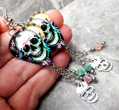 Graffiti Style Skull Guitar Pick Earrings with Stainless Steel Skull and Swarovski Crystal Dangles