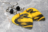Angry Snake Yellow Guitar Pick Earrings with Black Swarovski Crystals