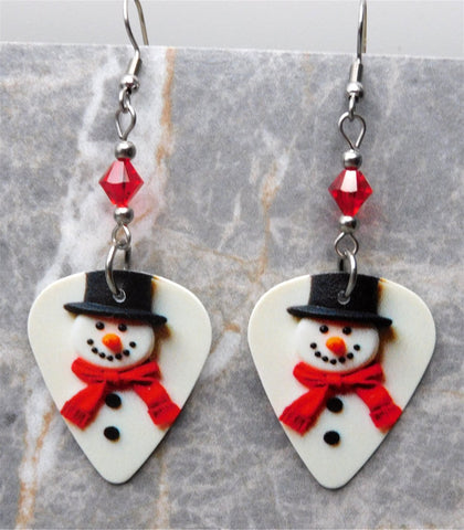 Snowman Guitar Pick Earrings with Red Swarovski Crystals