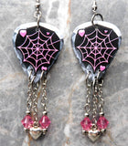 Spiderweb Guitar Pick Earrings with Stainless Steel Heart Charms and Pink Swarovski Crystal Dangles