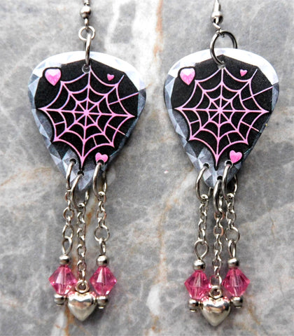 Spiderweb Guitar Pick Earrings with Stainless Steel Heart Charms and Pink Swarovski Crystal Dangles