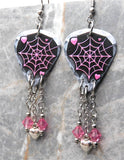 Spiderweb Guitar Pick Earrings with Stainless Steel Heart Charms and Pink Swarovski Crystal Dangles