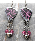 Spiderweb Guitar Pick Earrings with Stainless Steel Heart Charms and Pink Swarovski Crystal Dangles