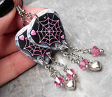 Spiderweb Guitar Pick Earrings with Stainless Steel Heart Charms and Pink Swarovski Crystal Dangles