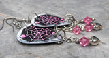 Spiderweb Guitar Pick Earrings with Stainless Steel Heart Charms and Pink Swarovski Crystal Dangles