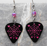 Spiderweb and Hearts Guitar Pick Earrings with Light Siam ABx2 Swarovski Crystals