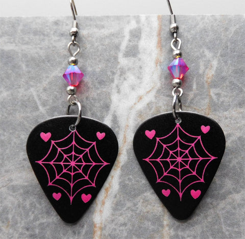 Spiderweb and Hearts Guitar Pick Earrings with Light Siam ABx2 Swarovski Crystals