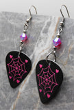 Spiderweb and Hearts Guitar Pick Earrings with Light Siam ABx2 Swarovski Crystals