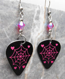 Spiderweb and Hearts Guitar Pick Earrings with Light Siam ABx2 Swarovski Crystals