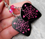Spiderweb and Hearts Guitar Pick Earrings with Light Siam ABx2 Swarovski Crystals