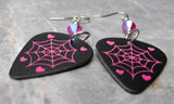 Spiderweb and Hearts Guitar Pick Earrings with Light Siam ABx2 Swarovski Crystals