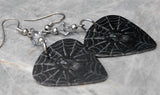 Spider on a Spiderweb Guitar Pick Earrings with Metallic Silver Swarovski Crystals