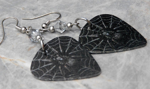 Spider on a Spiderweb Guitar Pick Earrings with Metallic Silver Swarovski Crystals